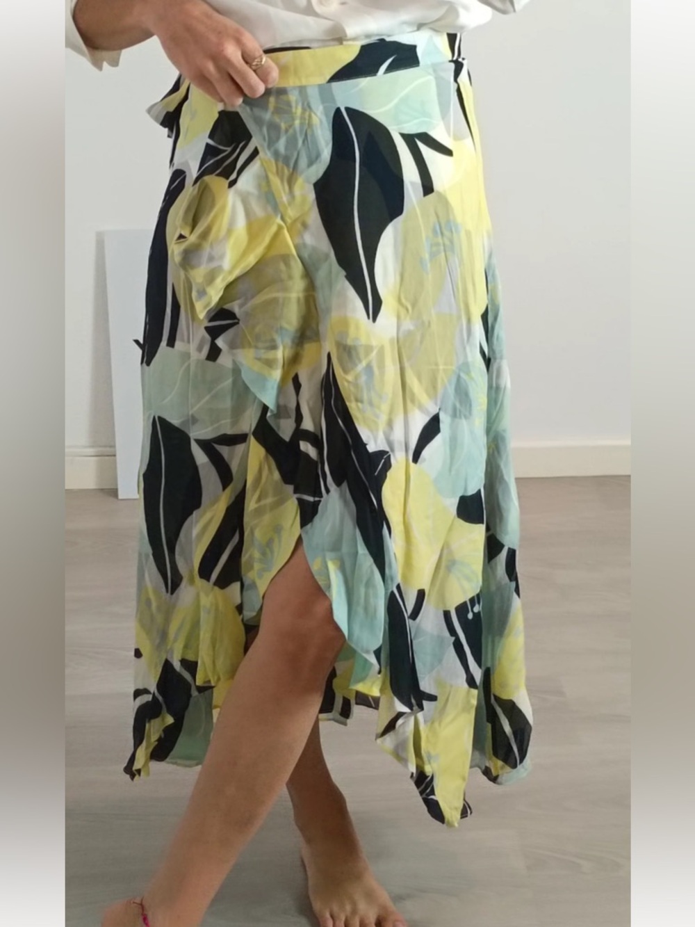 The Kooples Flowy High-Low Floral Wrap Skirt - Yellow/Blue